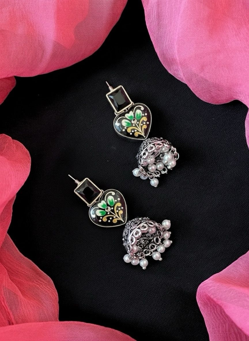 Hand Painted Monalisa Stone Top with Silver Replica Jhumki Earring