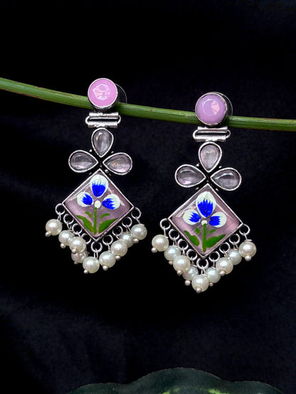 Monalisa Stone Hand Painted Partywear Silver Replica Earring