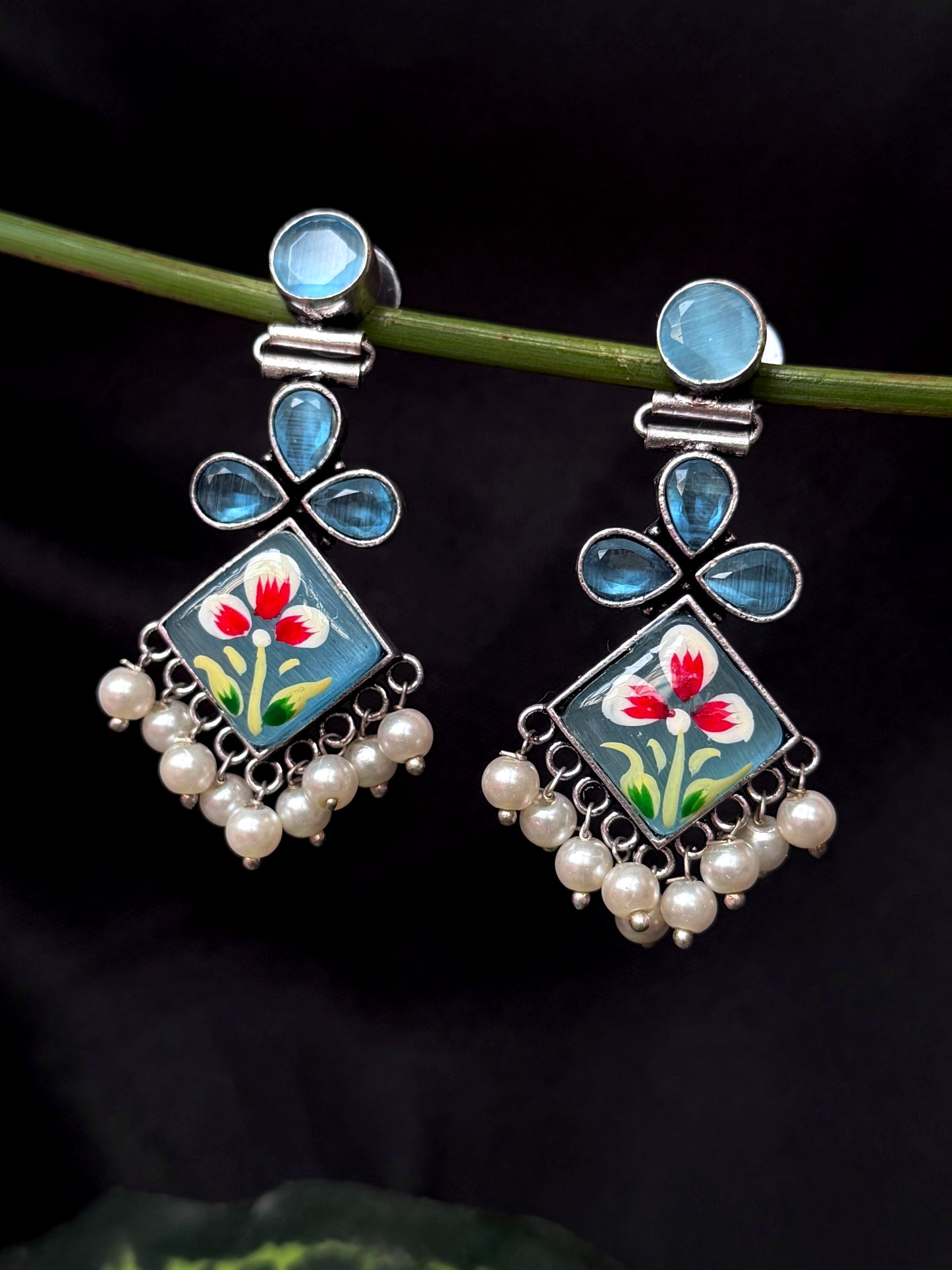 Monalisa Stone Hand Painted Partywear Silver Replica Earring