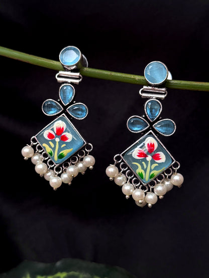 Monalisa Stone Hand Painted Partywear Silver Replica Earring