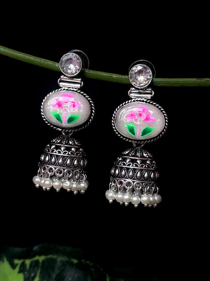 Monalisa Stone Hand Painted Top Silver Replica Jhumki Earring