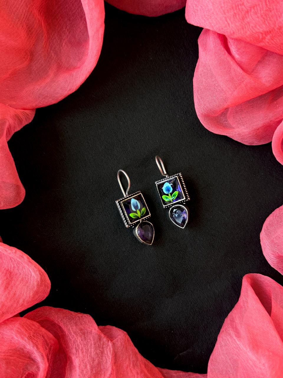 Hand Painted Monalisa Stone Silver Replica Earring