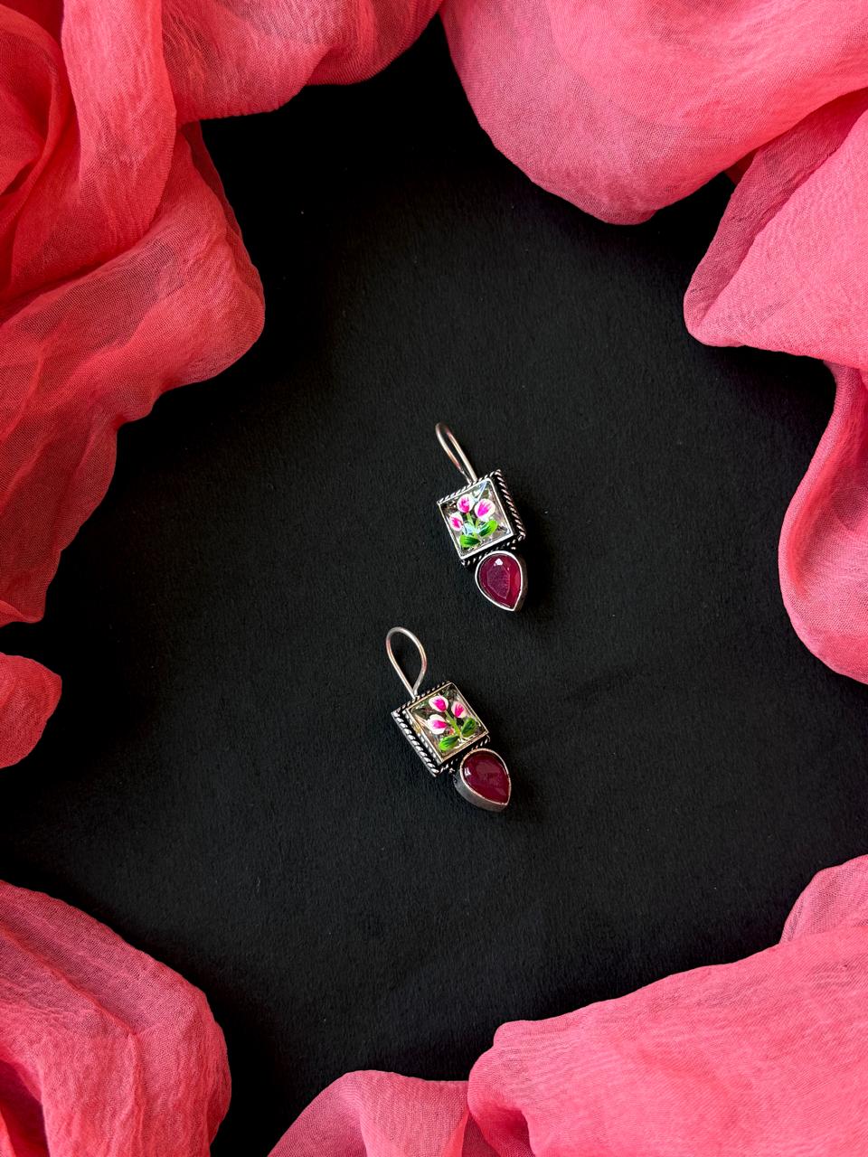 Hand Painted Monalisa Stone Silver Replica Earring