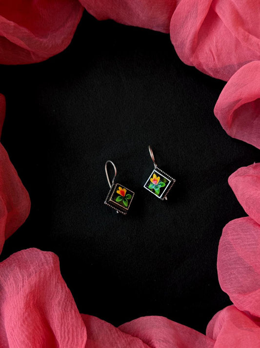 Hand Painted Square Monalisa Stone Siler Replica Earring
