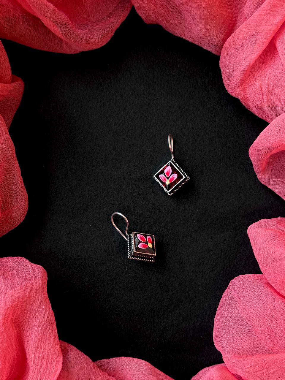 Hand Painted Square Monalisa Stone Siler Replica Earring