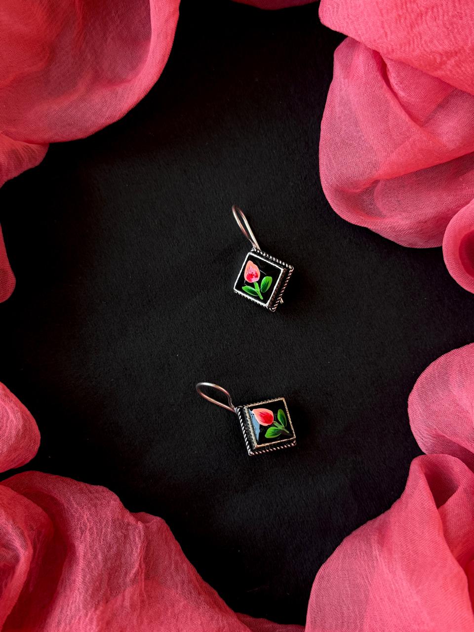 Hand Painted Square Monalisa Stone Siler Replica Earring