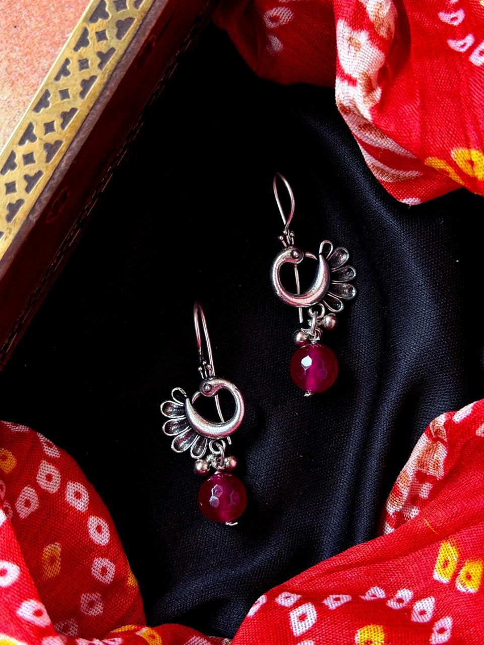 Stone Beaded Silver Replica Peacock Earring