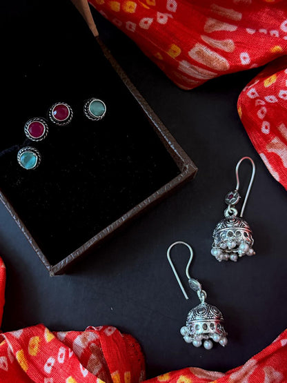 Set of 2 Oxidized Monalisa Stone Studs with One Oxidized Jhumki Earring