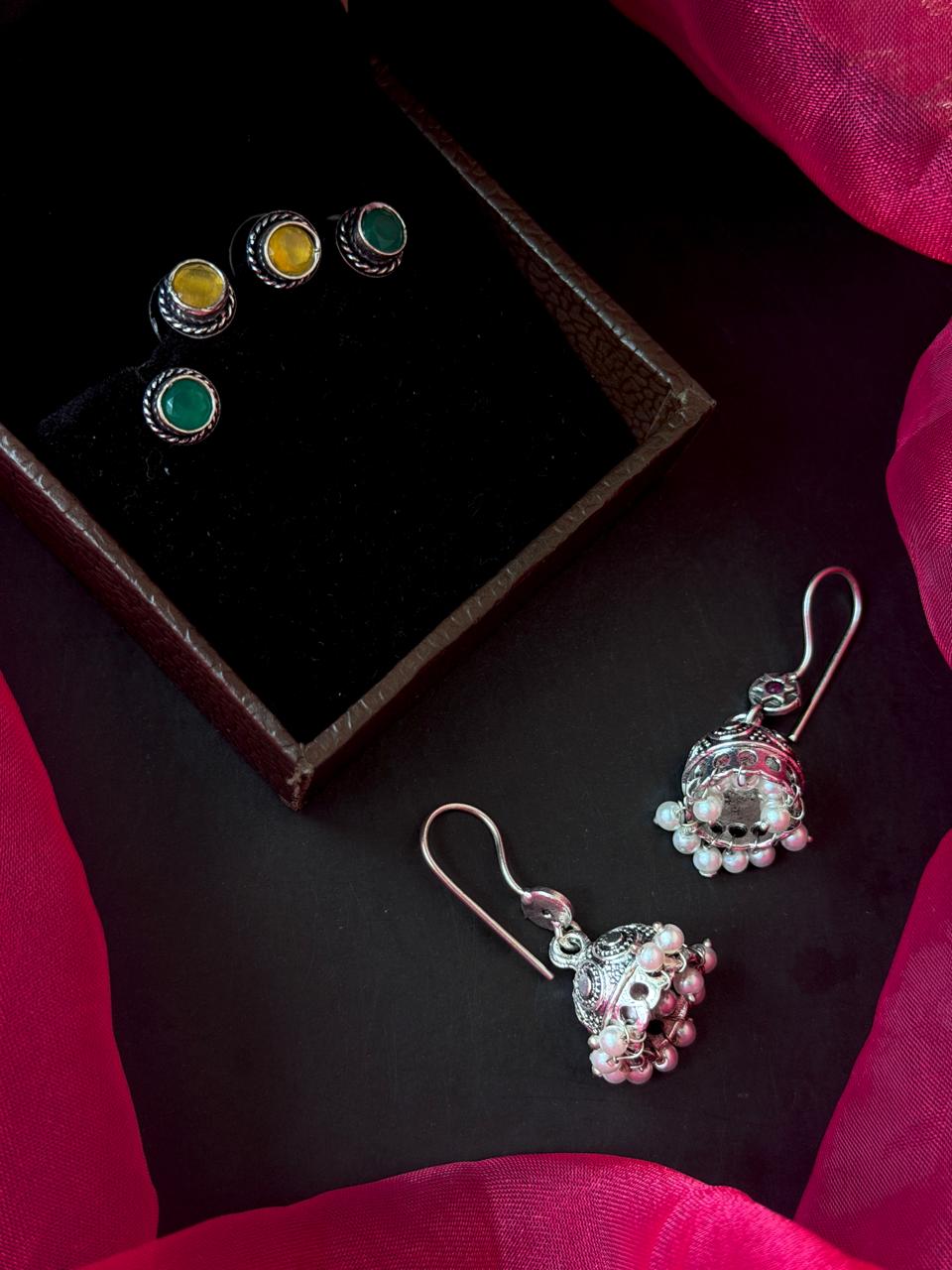 Set of 2 Oxidized Monalisa Stone Studs with One Oxidized Jhumki Earring