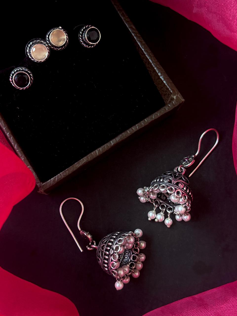 Set of 2 Oxidized Monalisa Stone Studs with One Oxidized Jhumki Earring