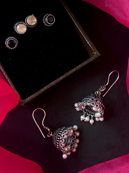 Set of 2 Oxidized Monalisa Stone Studs with One Oxidized Jhumki Earring