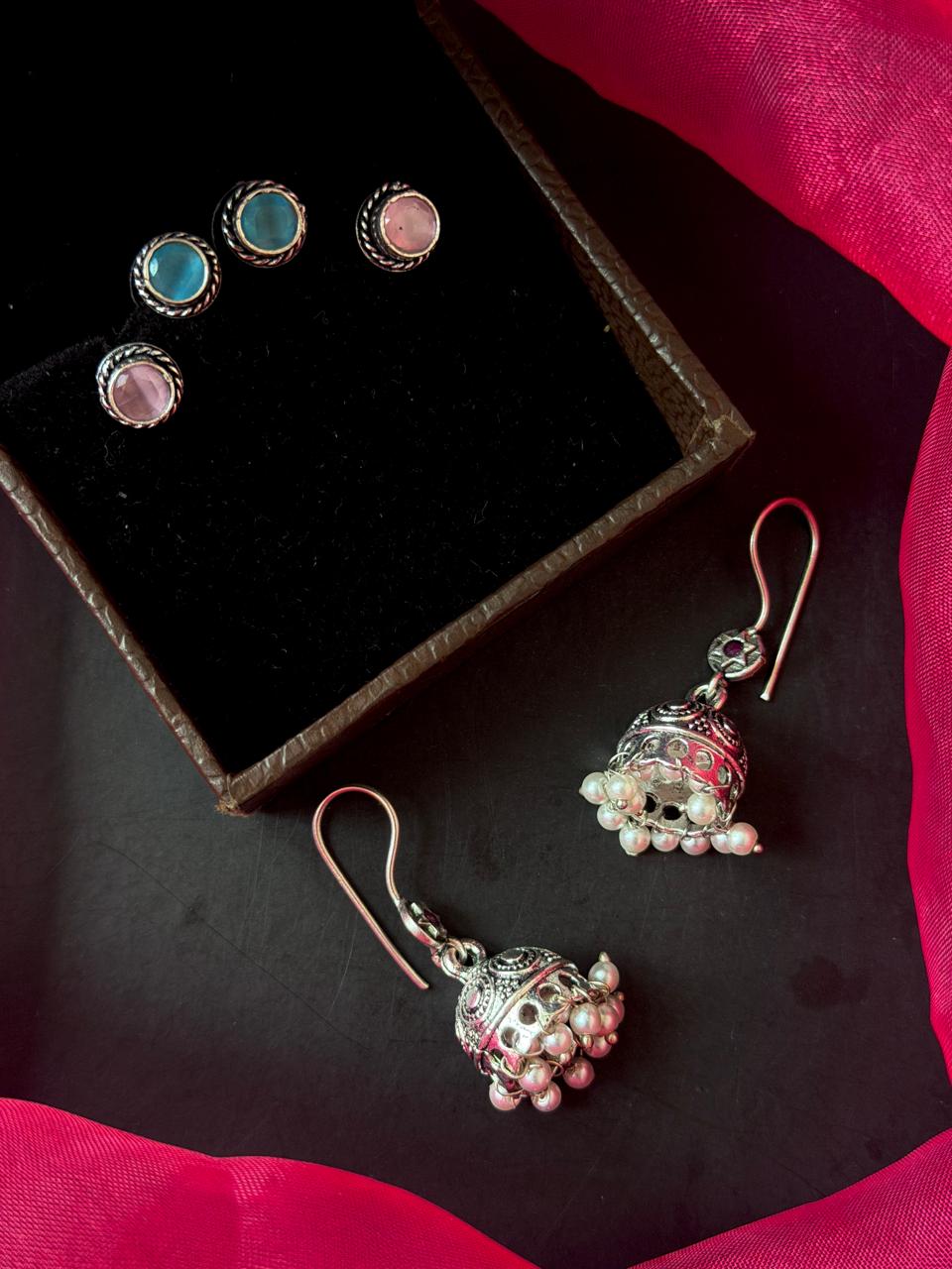 Set of 2 Oxidized Monalisa Stone Studs with One Oxidized Jhumki Earring