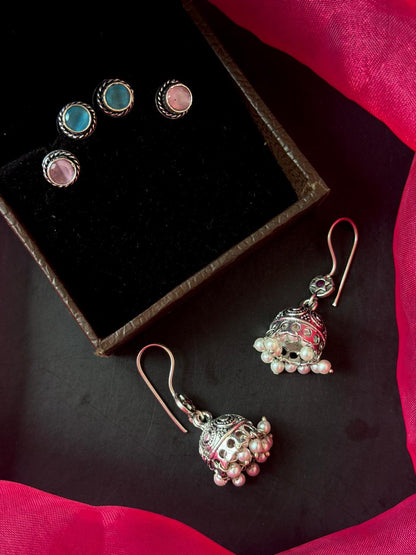 Set of 2 Oxidized Monalisa Stone Studs with One Oxidized Jhumki Earring