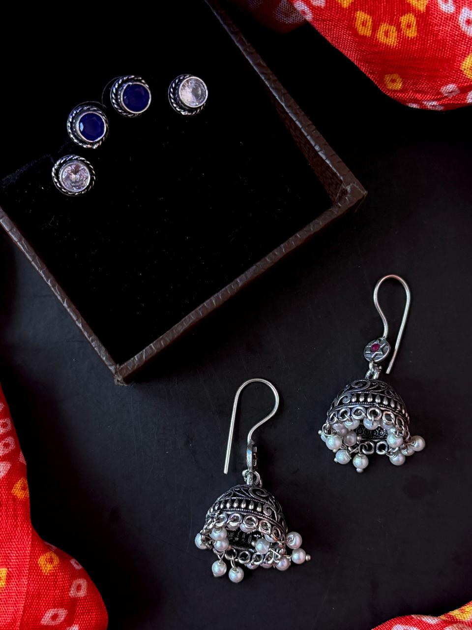 Set of 2 Oxidized Monalisa Stone Studs with One Oxidized Jhumki Earring
