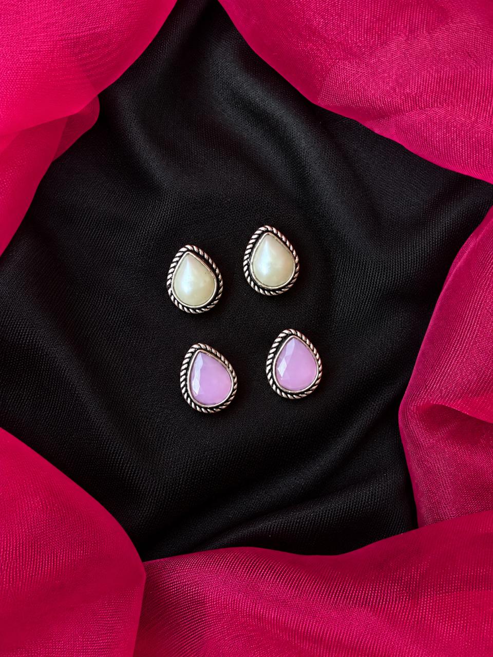 Monalisa Stone Oxidized Stud Earring (Set of 2 pairs)