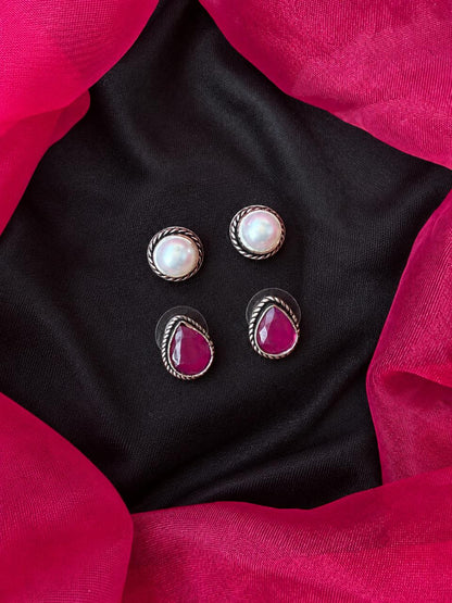 Monalisa Stone Oxidized Stud Earring (Set of 2 pairs)