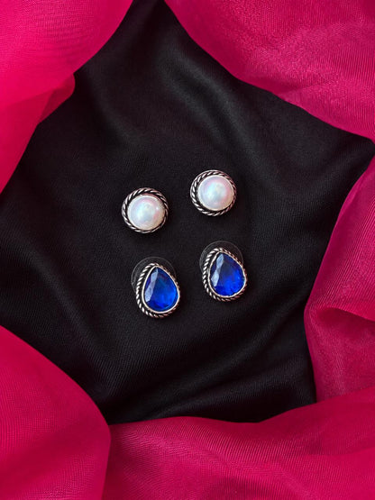 Monalisa Stone Oxidized Stud Earring (Set of 2 pairs)