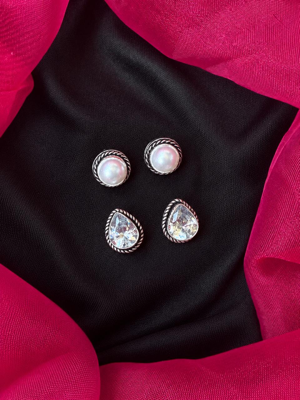 Monalisa Stone Oxidized Stud Earring (Set of 2 pairs)
