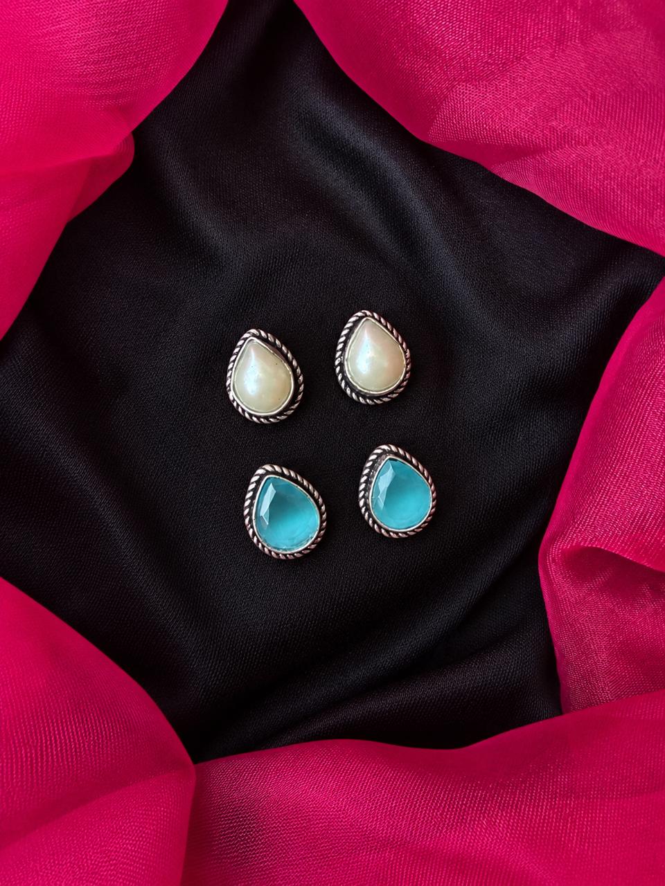 Monalisa Stone Oxidized Stud Earring (Set of 2 pairs)