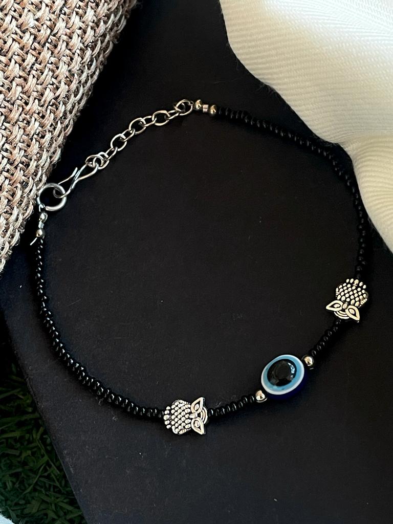 Black Beads Oxidized Owl Evel Eye Anklets