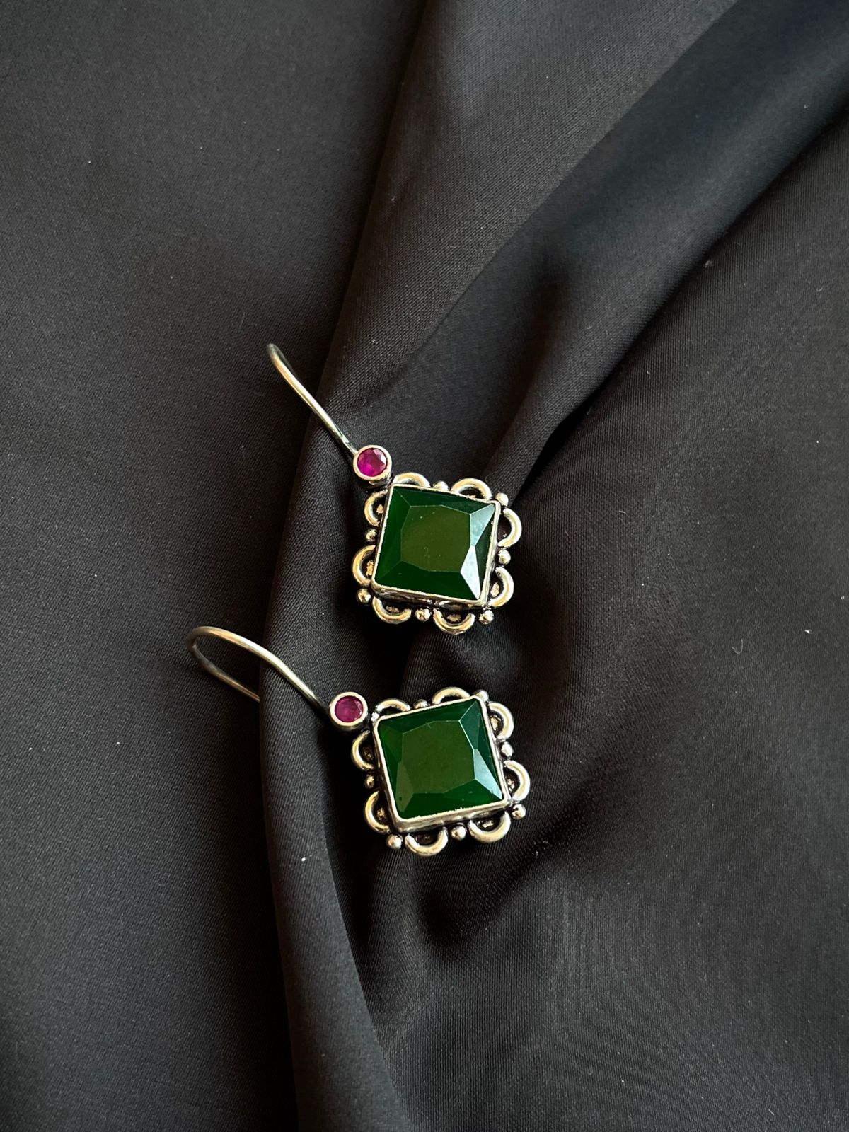 Green Square Cut Stone 92.5 Silver Earring