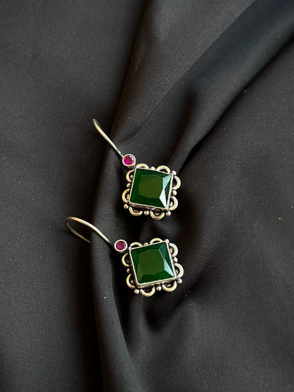 Green Square Cut Stone 92.5 Silver Earring