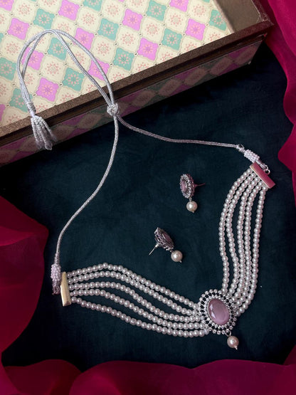 Monalisa Stone Pendant Pearl Mala Choker Necklace with Earring set