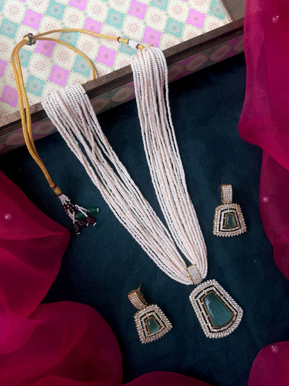 Monalisa Stone Pendant Pearl Mala Necklace with Earring set
