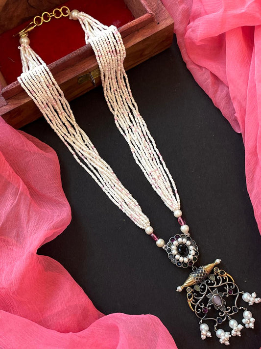 Dula Tone Beaded Pendant Ten Layered Mala Necklace