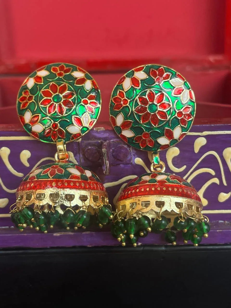 Meenakari Flower Print Top Jhumki Earring