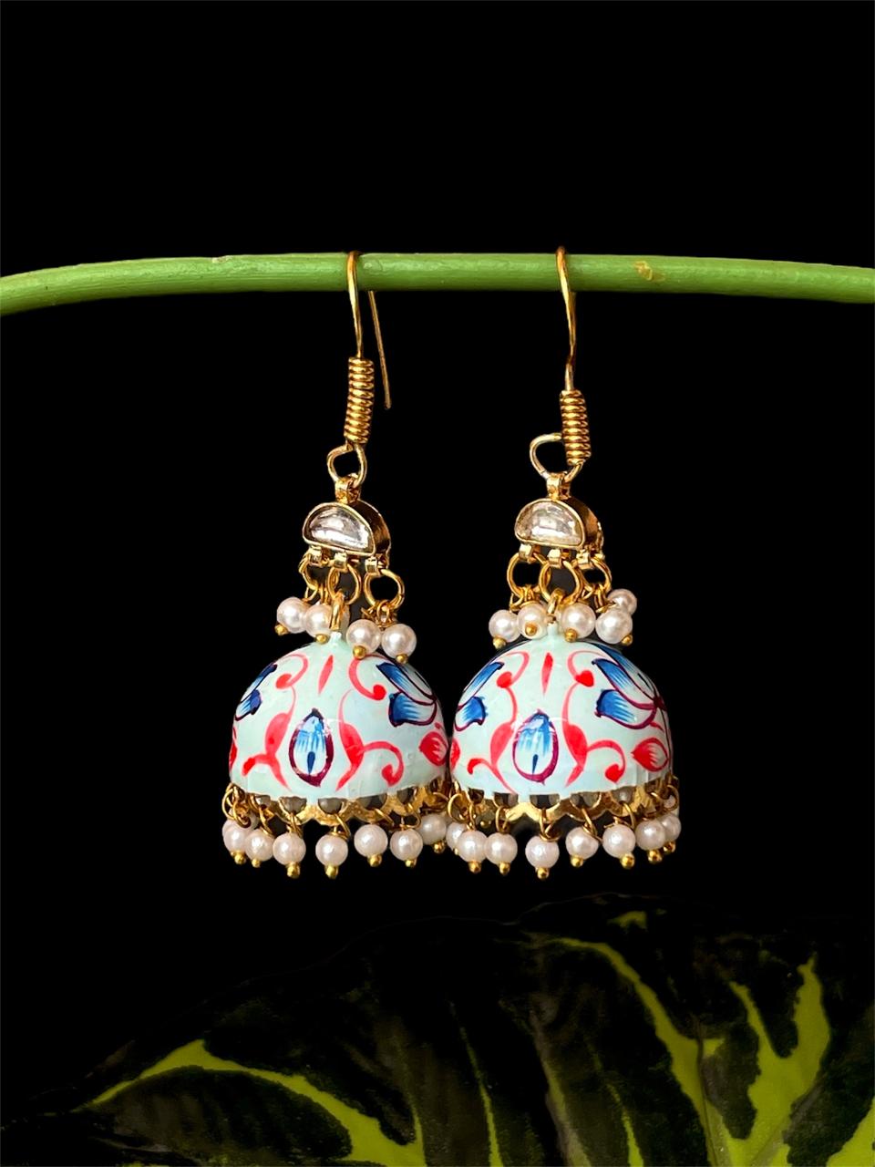 Meenakai Hand Painted Jhumka with Pachi Kundan Earring