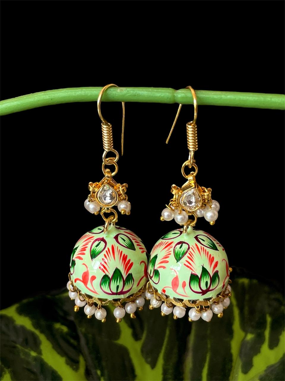 Meenakai Hand Painted Jhumka with Pachi Kundan Earring