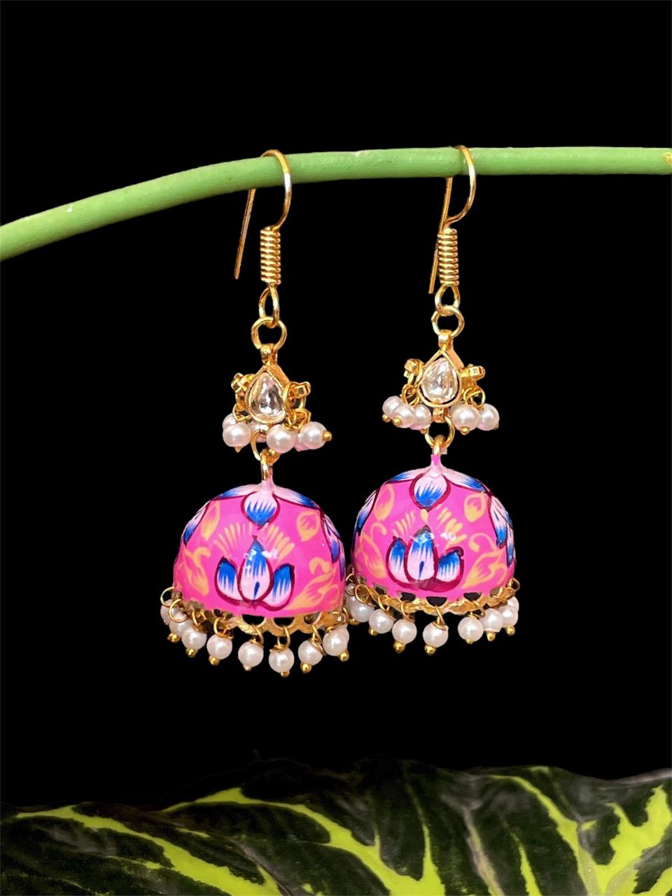 Meenakai Hand Painted Jhumka with Pachi Kundan Earring