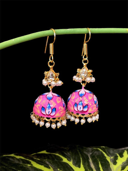 Meenakai Hand Painted Jhumka with Pachi Kundan Earring