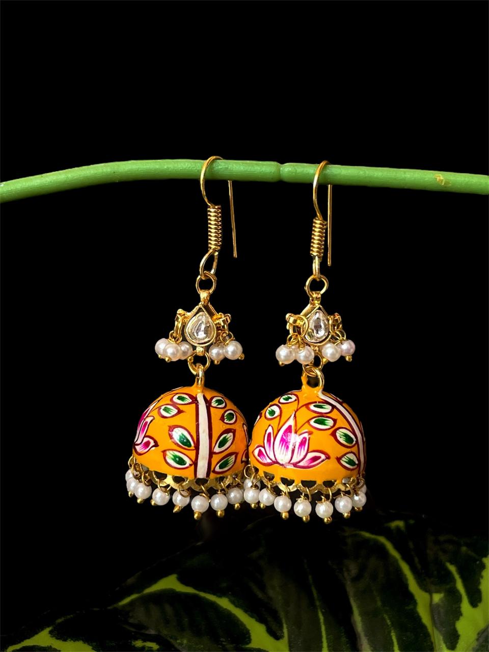 Meenakai Hand Painted Jhumka with Pachi Kundan Earring