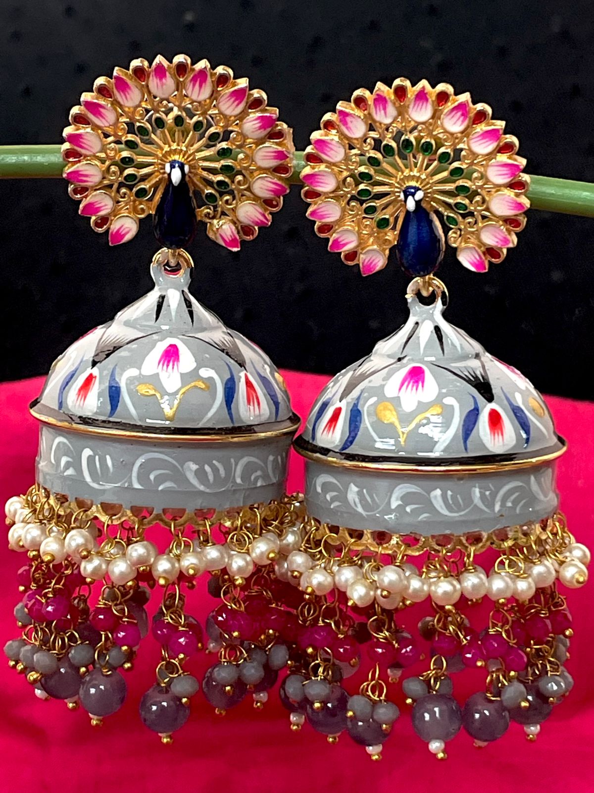 Meenakari Flower Print Big Heavy Jhumka with Peacock Top Earring