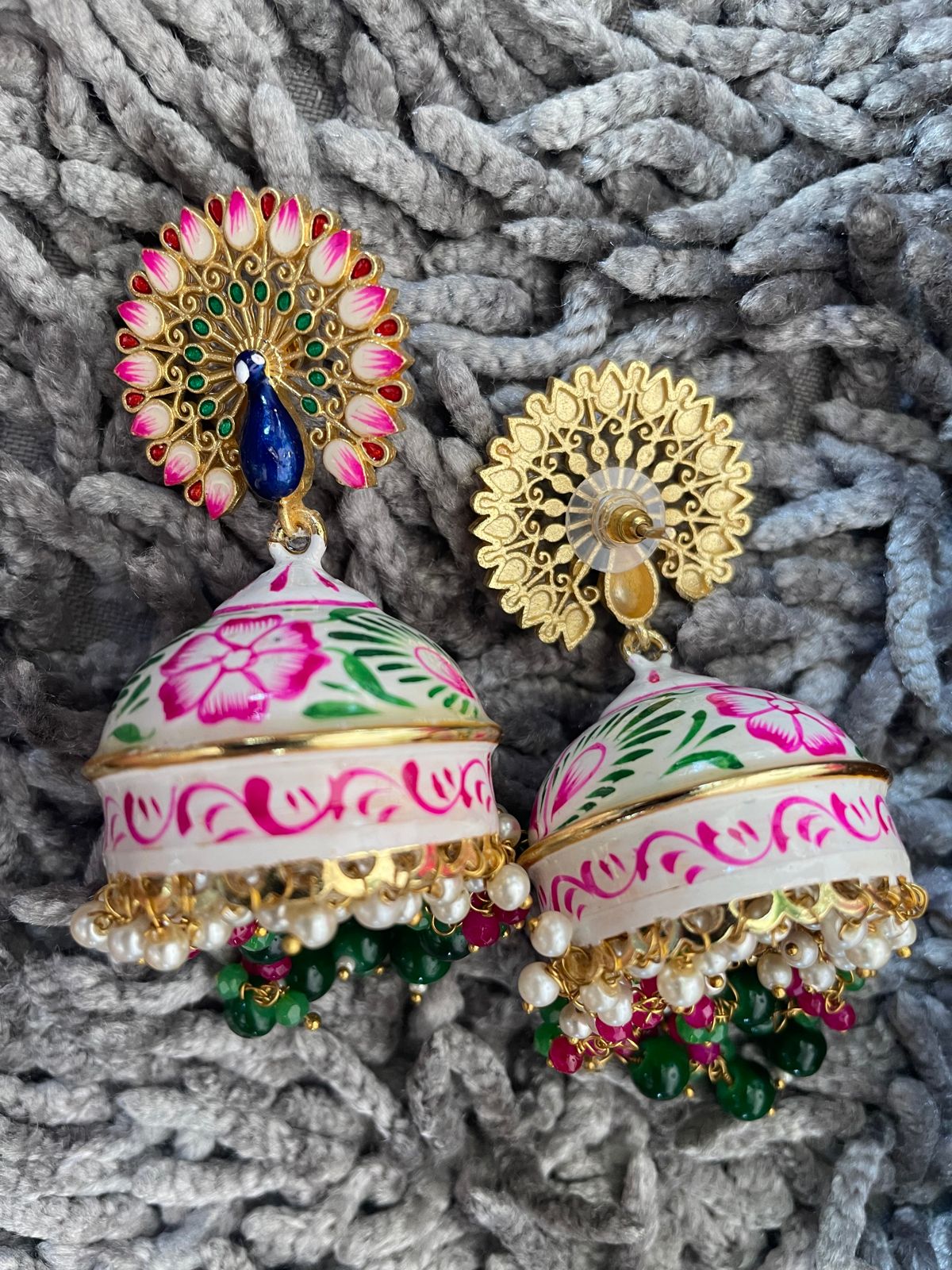 Meenakari Flower Print Big Heavy Jhumka with Peacock Top Earring