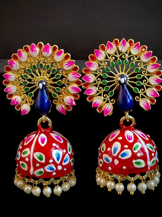 Meenakari Flower Print Jhumka Peacock Top Earring