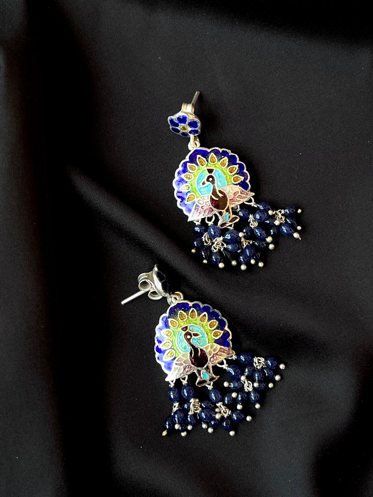 Meenakari Peacock Print 92.5 Silver Beaded Earring