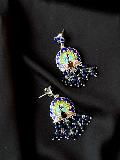 Meenakari Peacock Print 92.5 Silver Beaded Earring
