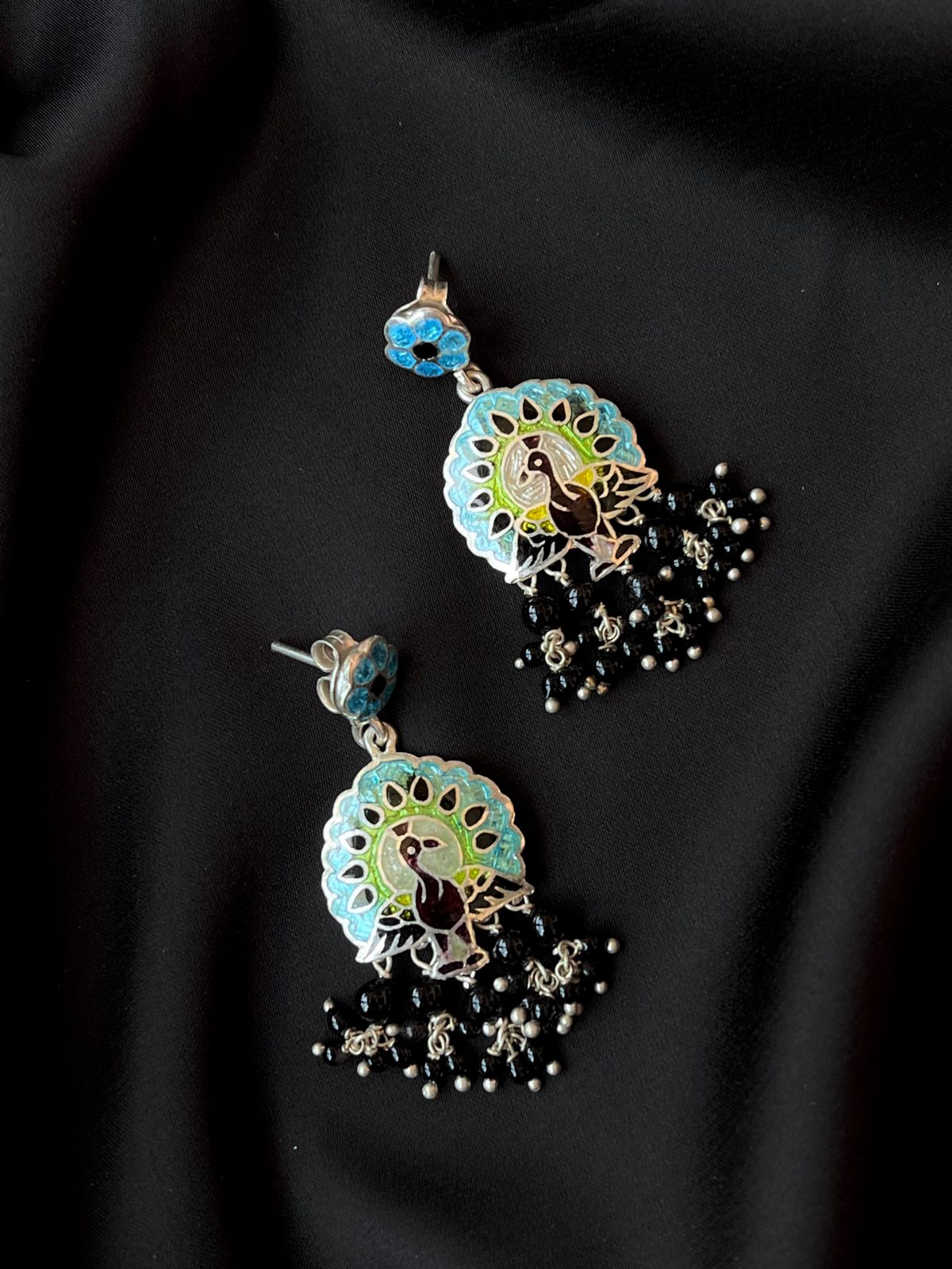 Meenakari Peacock Print 92.5 Silver Beaded Earring