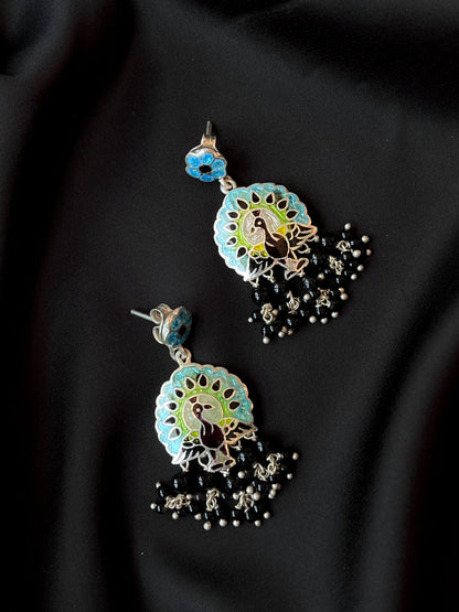 Meenakari Peacock Print 92.5 Silver Beaded Earring