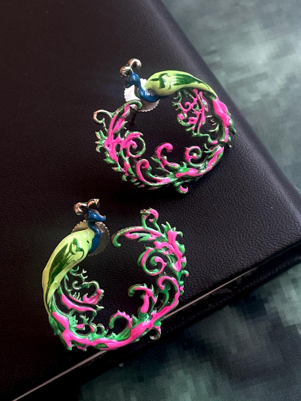 Hand Painted Peacock shape Oxidized Stud Earring