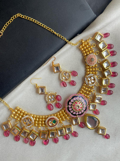 Meenakari, Kundan and Natural Stone Fusion Golden Choker with Earring Set