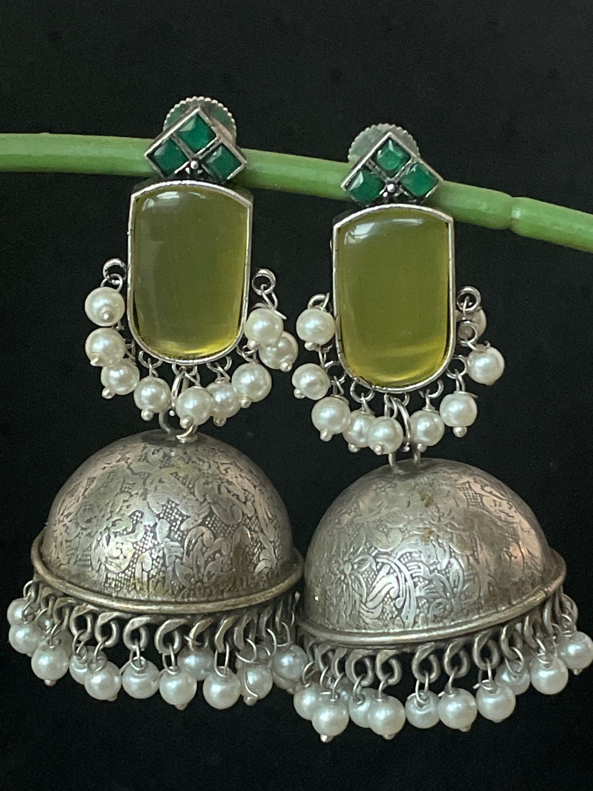 Monalisa Stone Top with Oxidized Heavy Dome Jhumka Earring