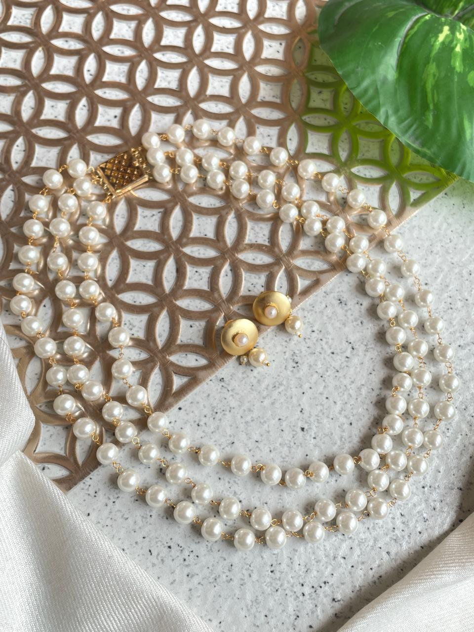 Shell Pearl Three Layered Mala Necklace with Earring set – Prettiq
