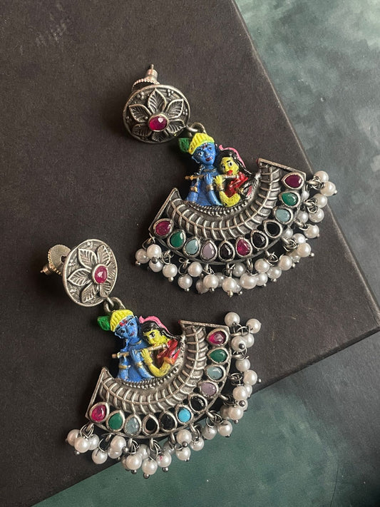 Hand Painted Radha Krishna Oxidized Earring