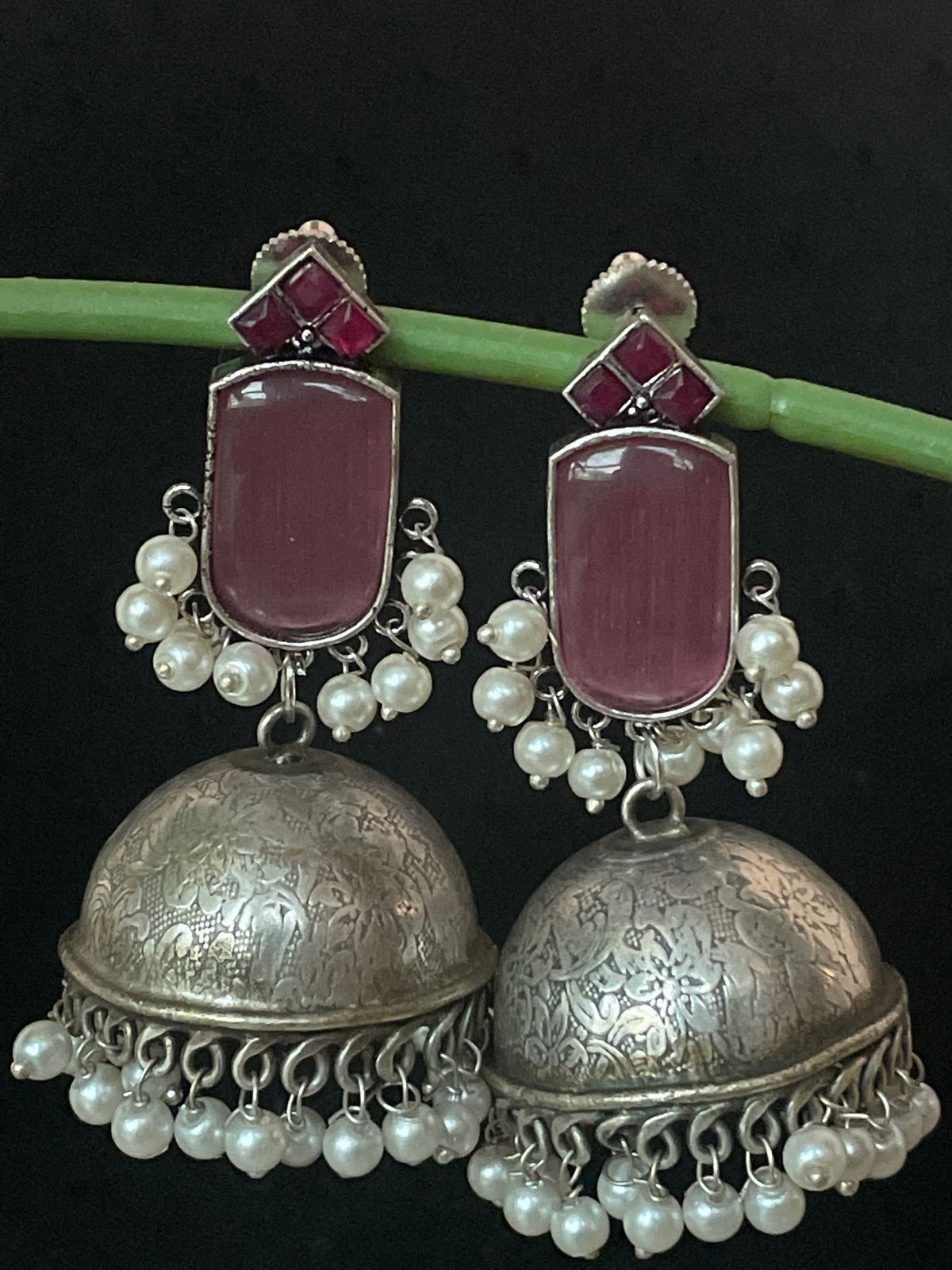 Monalisa Stone Top with Oxidized Heavy Dome Jhumka Earring