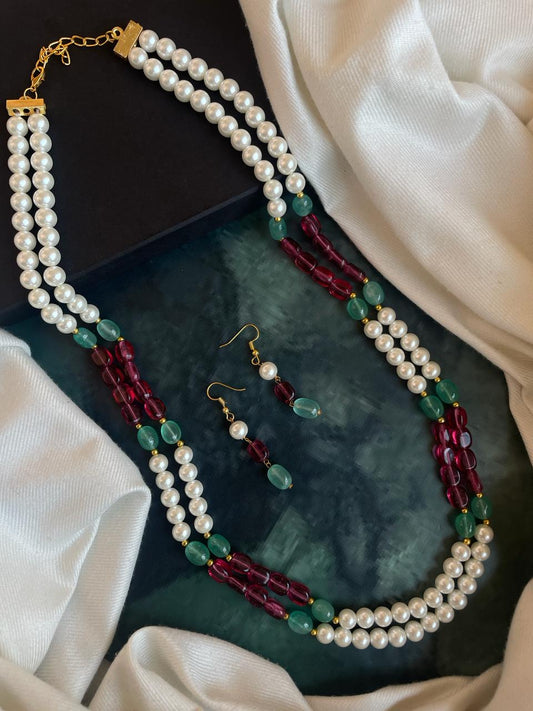 Imitation Shell Pearl Two layered Long Mala with Earring
