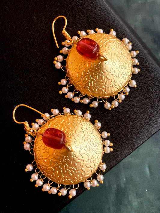 Golden Big Size Jhumki Earring with Natural stone